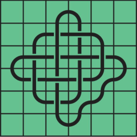 10_141 Interlocking black line knot on a green grid background.