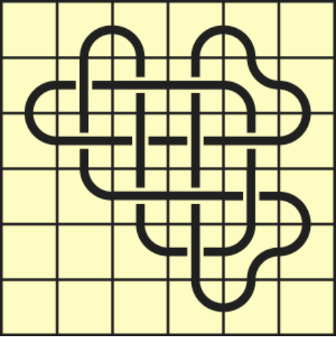 10_142 Interlocking black line knot on a light yellow grid background.