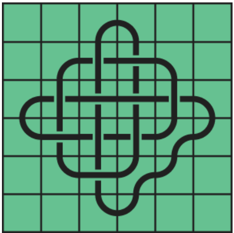 10_143 Interlocking black line knot on a green grid background.