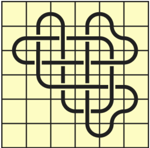 10_144 Interlocking black line knot on a light yellow grid background.