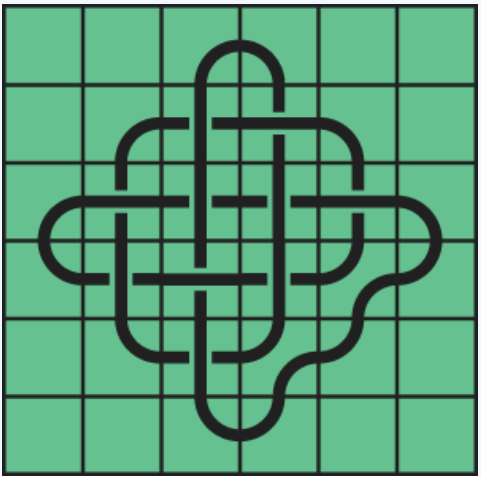 10_155 Interlocking black line knot on a green grid background.