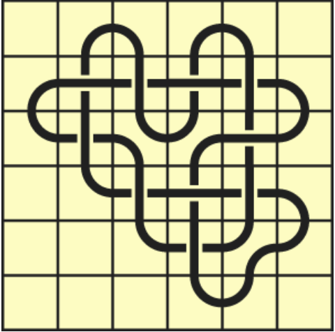 10_2 Interlocking black line knot on a light yellow grid background.