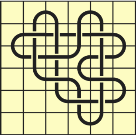 10_3 Interlocking black line knot on a light yellow grid background.