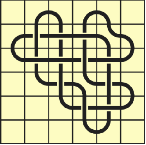 10_34 Interlocking black line knot on a light yellow grid background.