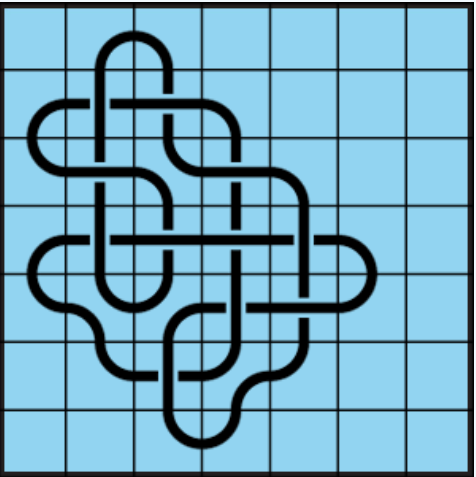 Interlocking black line knot on a blue grid background.