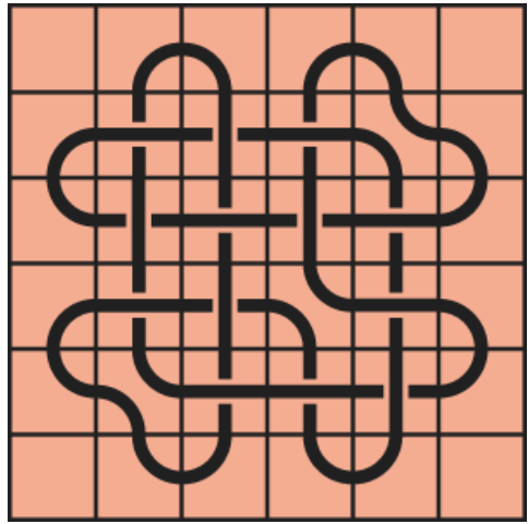 Interlocking black line knot on a light orange grid background.