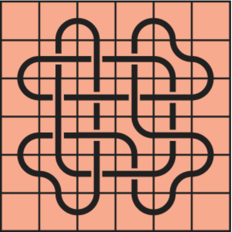 Interlocking black line knot on a light orange grid background.