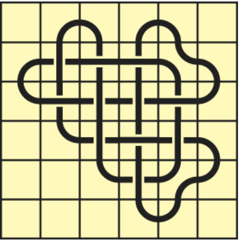 Interlocking black line knot on a light yellow grid background.