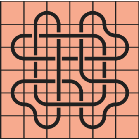 Interlocking black line knot on a light orange grid background.