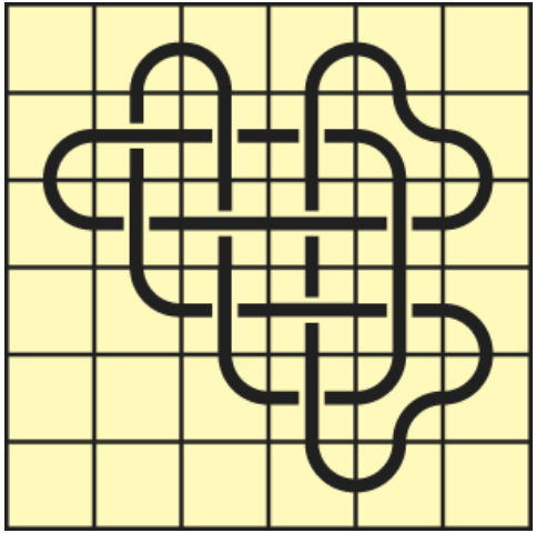 Interlocking black line knot on a light yellow grid background.