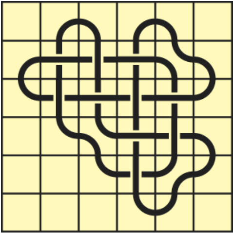 Interlocking black line knot on a light yellow grid background.