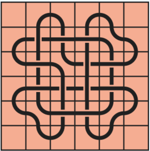 10_74 Interlocking black line knot on a light orange grid background.