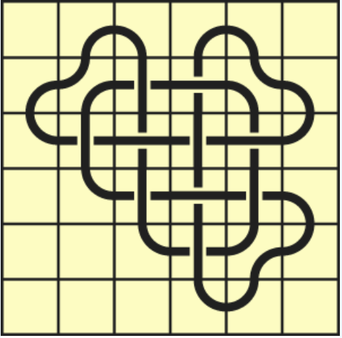 10_75 Interlocking black line knot on a light yellow grid background.