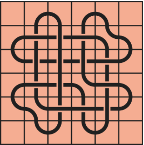 10_76 Interlocking black line knot on a light orange grid background.