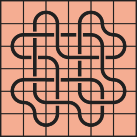 10_77 Interlocking black line knot on a light orange grid background.