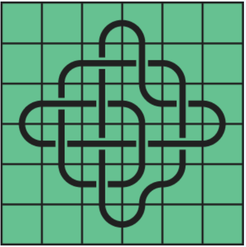 10_85_0 Interlocking black line knot on a green grid background.