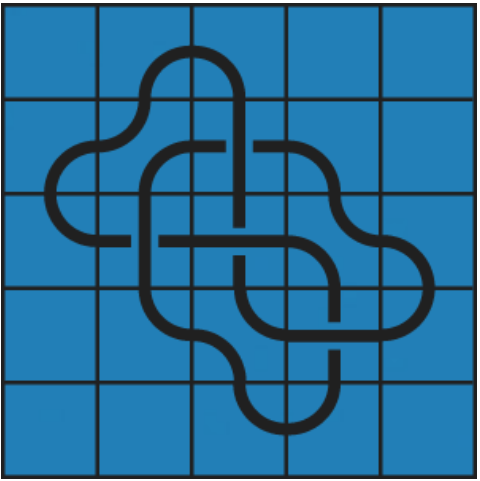 4_1_0 Interlocking black line knot on a blue grid background.