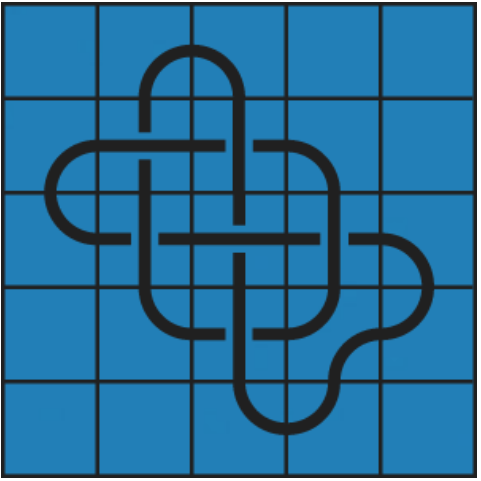 6_2 Interlocking black line knot on a blue grid background