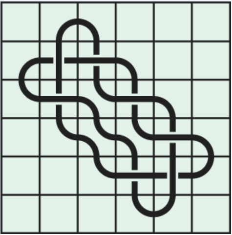 7_1_0 Interlocking black line knot on a light green grid background.