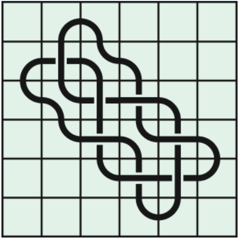 7_2_1 Interlocking black line knot on a light green grid background.
