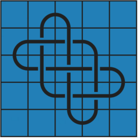 7_4 Interlocking black line knot on a blue grid background.