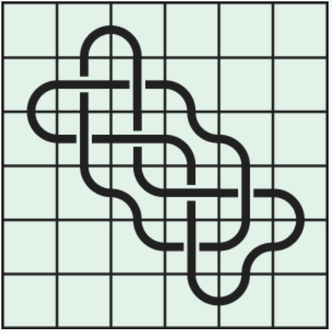 7_5 Interlocking black line knot on a light green grid background.