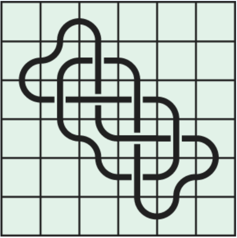 7_7 Interlocking black line knot on a light green grid background.