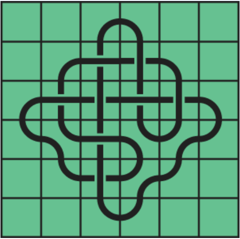 8_14 Interlocking black line knot on a green grid background.