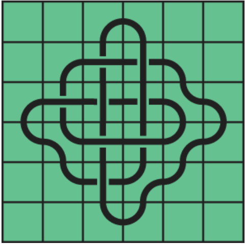 8_21 Interlocking black line knot on a green grid background.