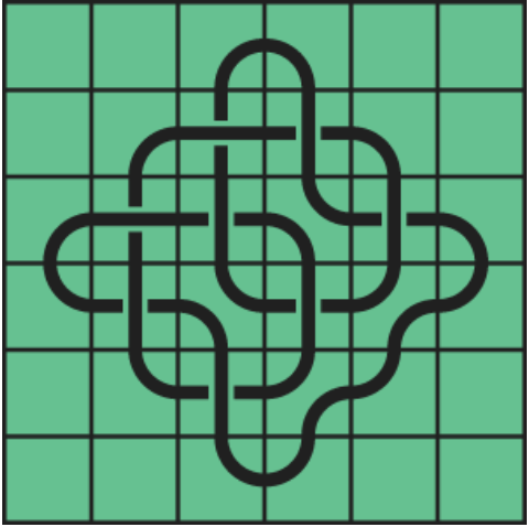8_5 Interlocking black line knot on a green grid background.