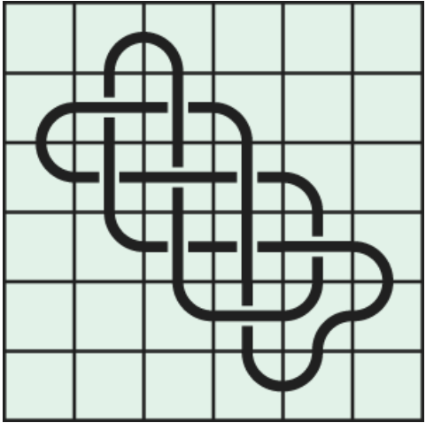 8_9 Interlocking black line knot on a light green grid background.