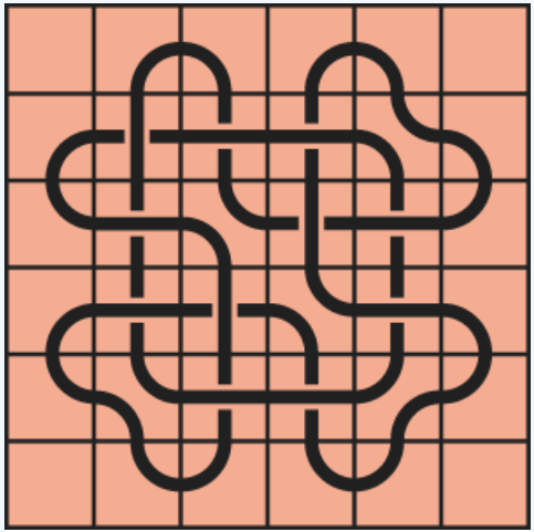 9_10 Interlocking black line knot on a light orange grid background.