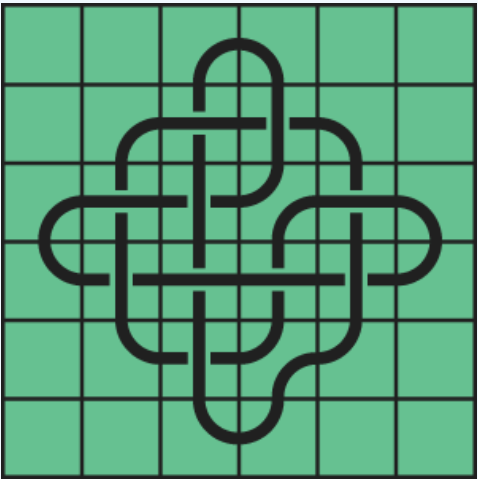 9_12 Interlocking black line knot on a green grid background.