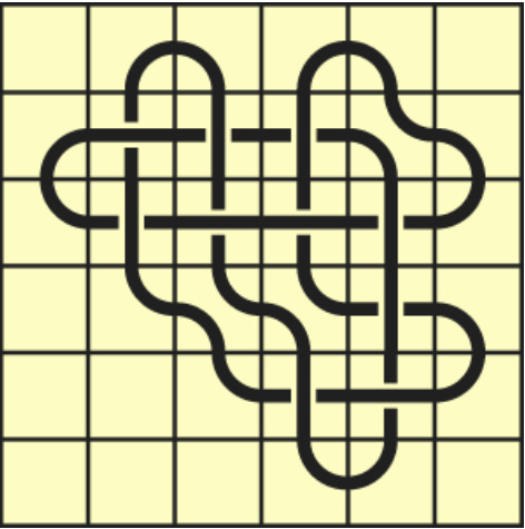 9_13 Interlocking black line knot on a light yellow grid background.