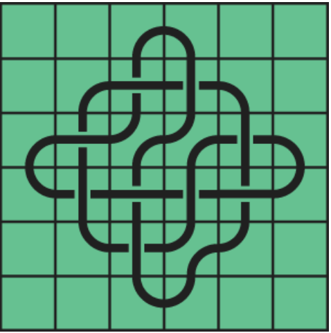9_14 Interlocking black line knot on a green grid background.