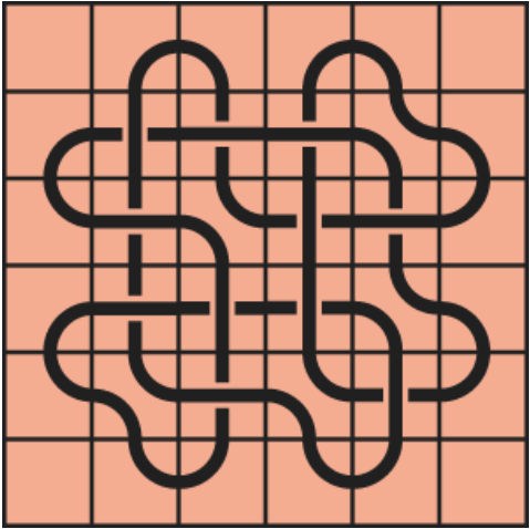 9_16 Interlocking black line knot on a light orange grid background.