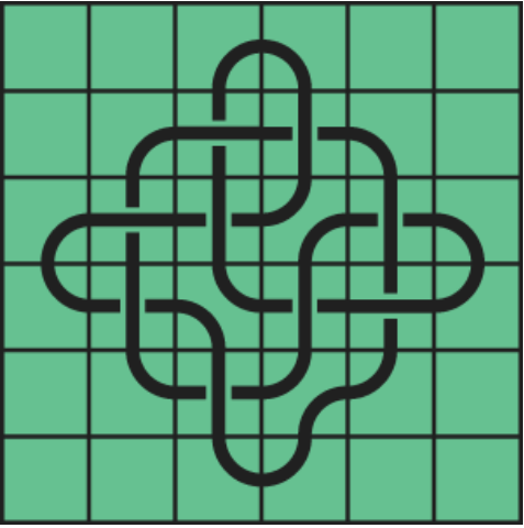 9_17 Interlocking black line knot on a green grid background.