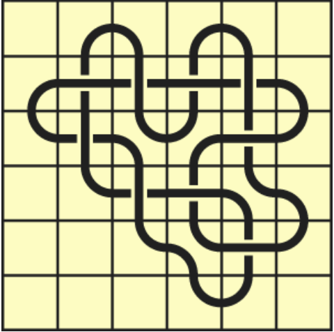 9_2 Interlocking black line knot on a light yellow grid background.