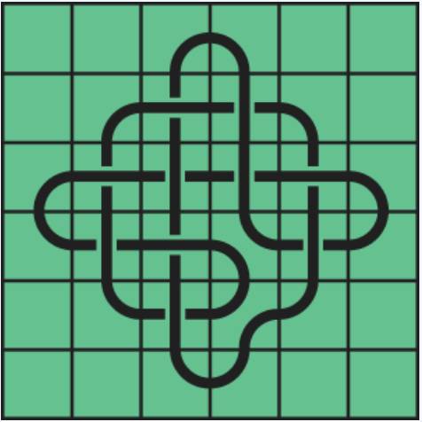 9_21 Interlocking black line knot on a green grid background.