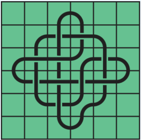9_26 Interlocking black line knot on a green grid background.