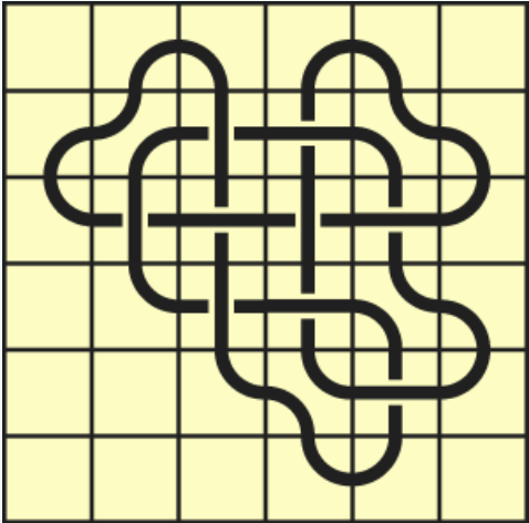 9_28 Interlocking black line knot on a light yellow grid background.