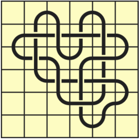 9_3 Interlocking black line knot on a light yellow grid background.