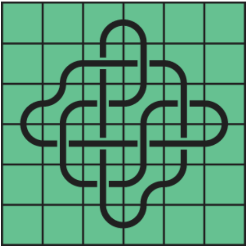 9_31 Interlocking black line knot on a green grid background.