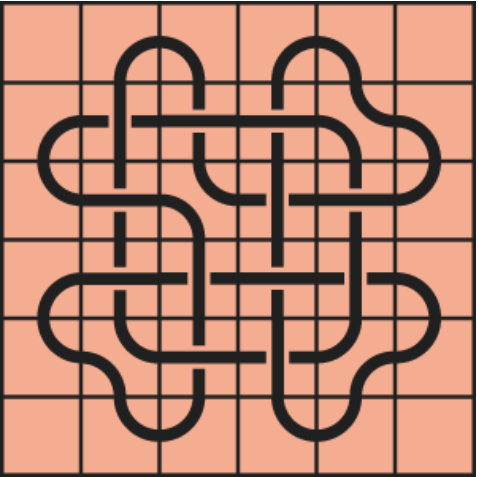 9_35 Interlocking black line knot on a light orange grid background.