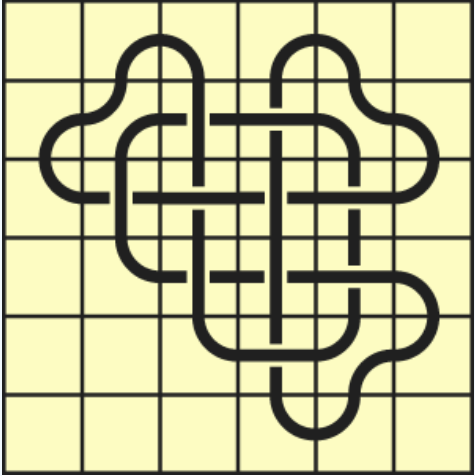 9_37 Interlocking black line knot on a light yellow grid background.