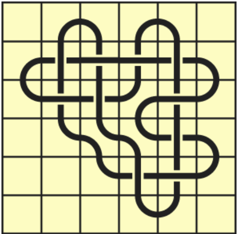 9_4 Interlocking black line knot on a light yellow grid background.