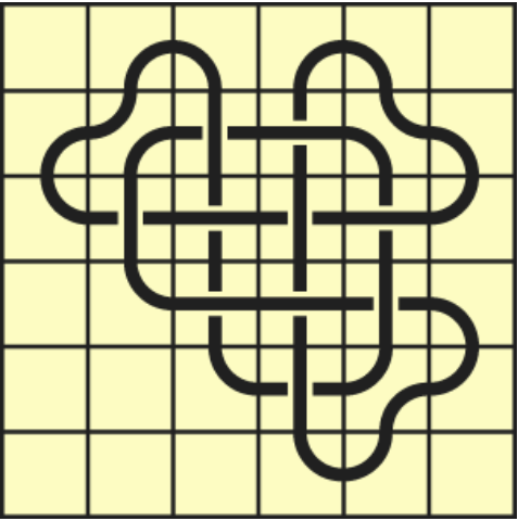 9_48 Interlocking black line knot on a light yellow grid background.
