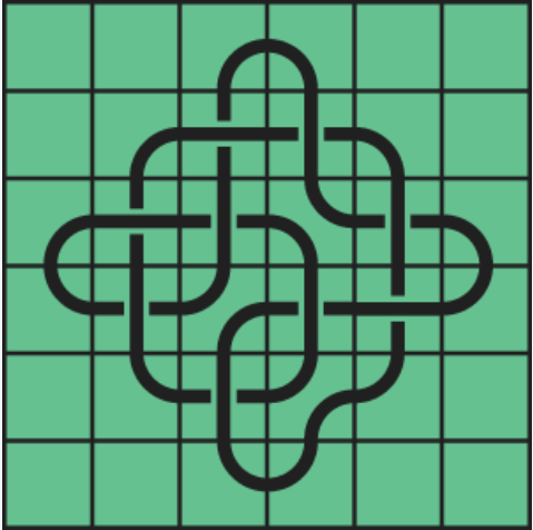 9_8 Interlocking black line knot on a green grid background.