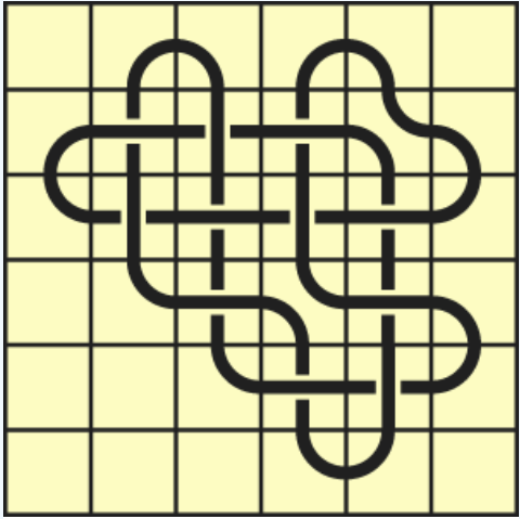 9_9 Interlocking black line knot on a light yellow grid background.