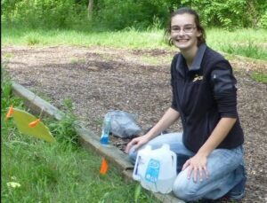 Meghan Barrett ('16) doing a bee survey in the Arboretum in summer 2015.